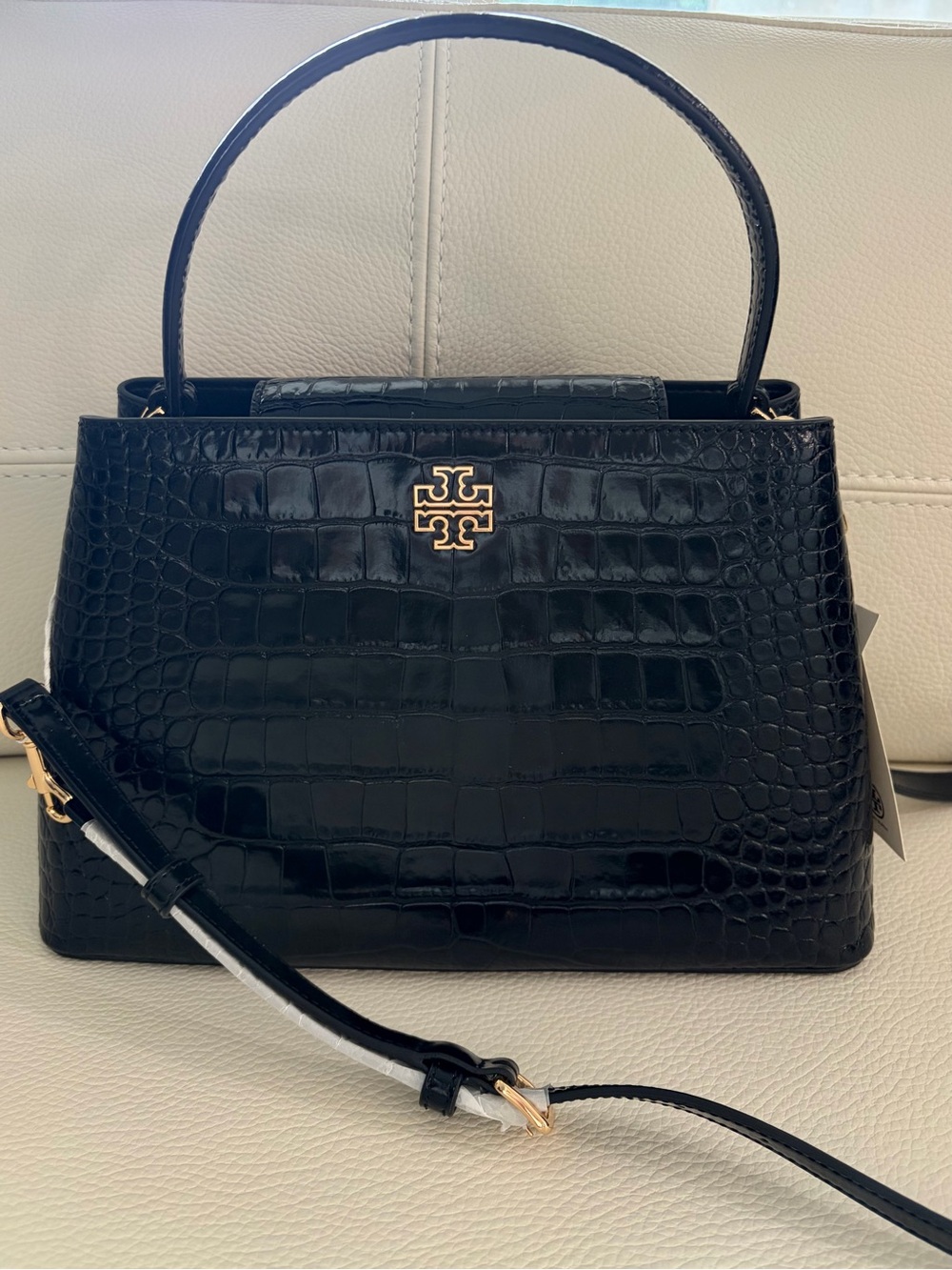 Tory Burch Black Britten Croc-Embossed Top-Handle Satchel bag
